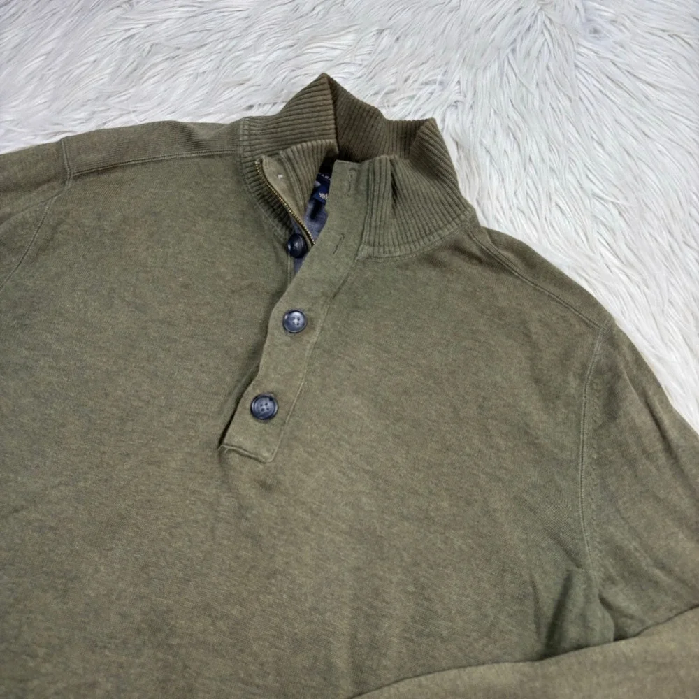 Banana Republic Men's L Green Henley Mock Neck Sweater Cotton Preppy Academia